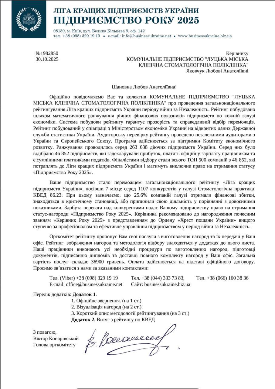 Лист-повідомлення про результат рейтингу 2025
